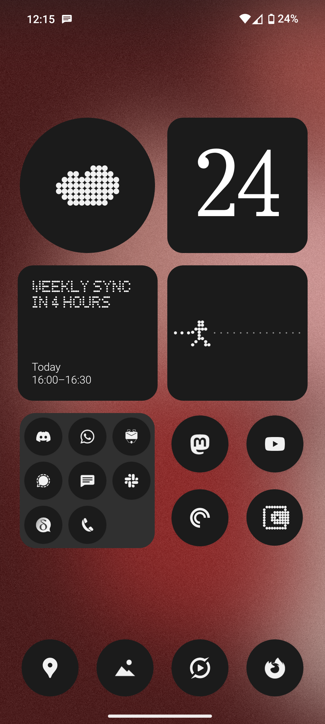 A Nothing Phone home screen with weather, date, next event and pedometer widgets